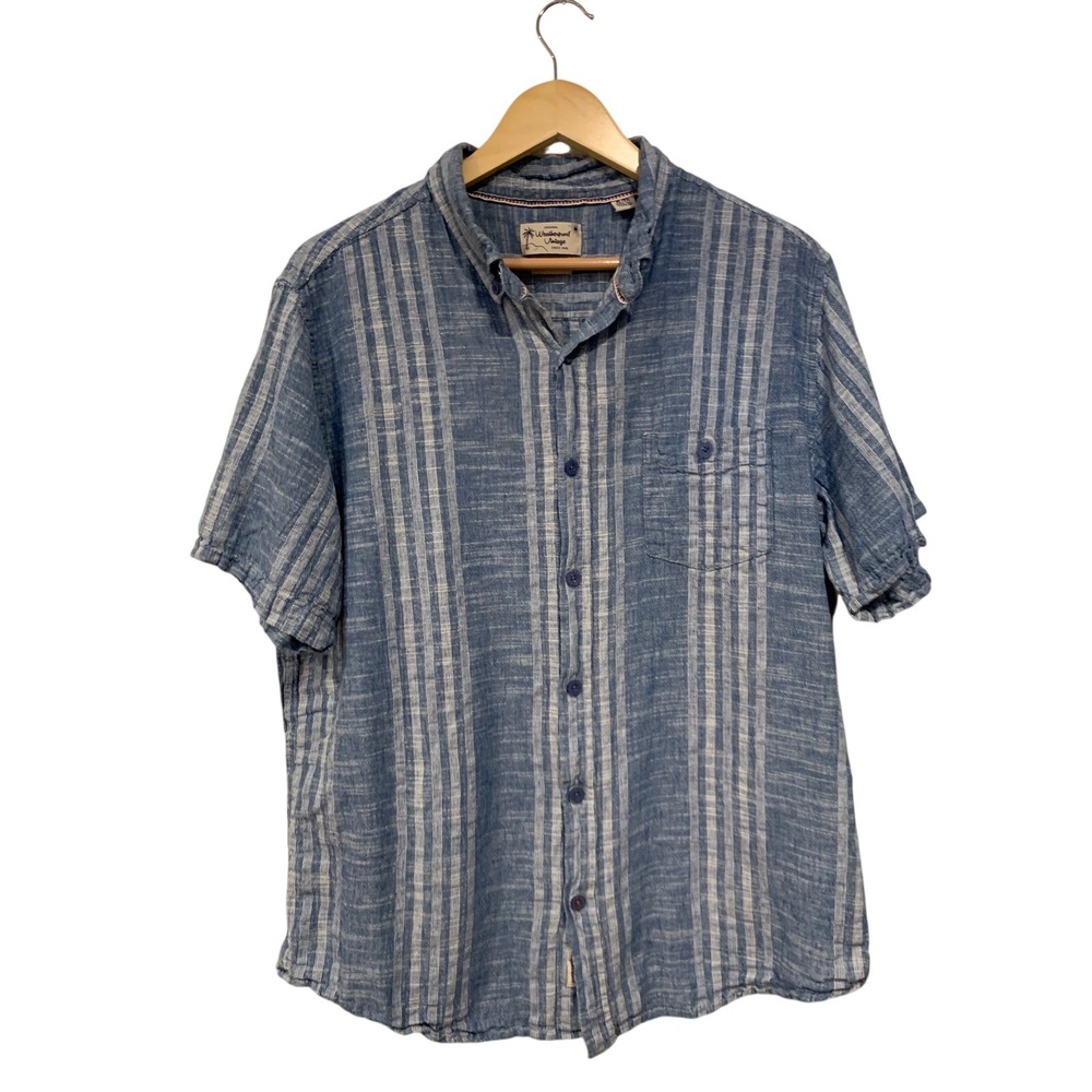Weatherproof Vintage Women Shirt XL Blue Coastal‎ Linen Striped Short Sleeve